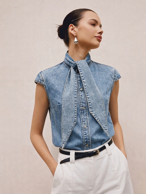 Camicia Atelier – Denim Senza Maniche con Collo a Cravatta